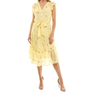 Figueroa & Flower Embroidered Yellow Midi Tiered Dress Size L NWT